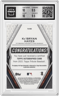 Ke'Bryan Hayes from the 2021 Topps Tribute set featuring a Green parallel graded by Arena Club and given an overall grade of 10.