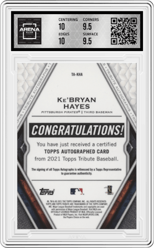 Ke'Bryan Hayes from the 2021 Topps Tribute set featuring a Green parallel graded by Arena Club and given an overall grade of 10.