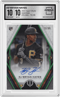 Ke'Bryan Hayes from the 2021 Topps Tribute set featuring a Green parallel graded by Arena Club and given an overall grade of 10.