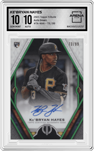 Ke'Bryan Hayes from the 2021 Topps Tribute set featuring a Green parallel graded by Arena Club and given an overall grade of 10.