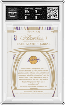 Kareem Abdul-Jabbar from the 2021-22 Panini Flawless set featuring a Emerald parallel graded by Arena Club and given an overall grade of 8.5.