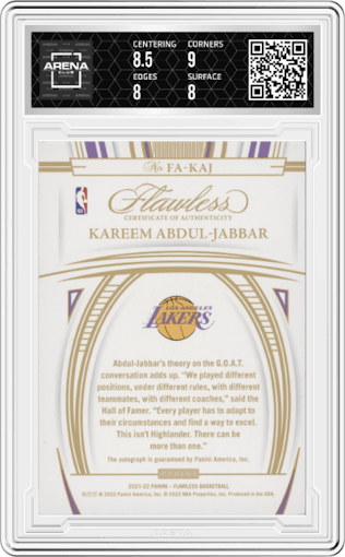 Kareem Abdul-Jabbar from the 2021-22 Panini Flawless set featuring a Emerald parallel graded by Arena Club and given an overall grade of 8.5.