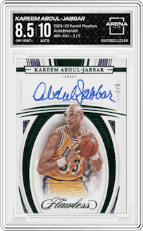 Kareem Abdul-Jabbar from the 2021-22 Panini Flawless set featuring a Emerald parallel graded by Arena Club and given an overall grade of 8.5.