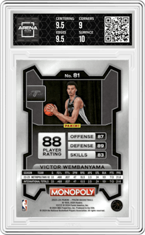 Victor Wembanyama from the 2023-24 Panini Prizm Monopoly set graded by Arena Club and given an overall grade of 9.5.