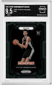 Victor Wembanyama from the 2023-24 Panini Prizm Monopoly set graded by Arena Club and given an overall grade of 9.5.