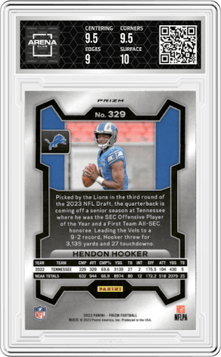 Hendon Hooker from the 2023 Panini Prizm set featuring a Purple Pulsar parallel graded by Arena Club and given an overall grade of 9.5.