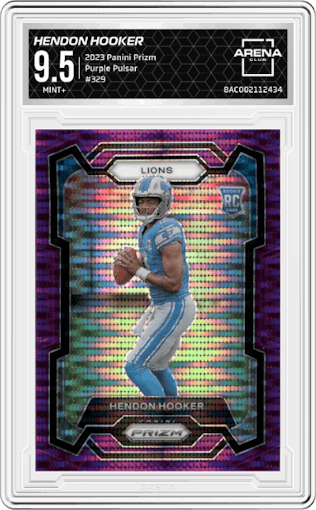 Hendon Hooker from the 2023 Panini Prizm set featuring a Purple Pulsar parallel graded by Arena Club and given an overall grade of 9.5.