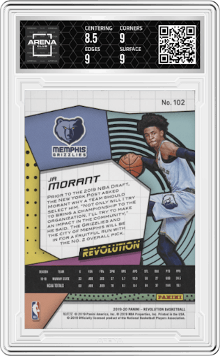 Ja Morant from the 2019-20 Panini Revolution set graded by Arena Club and given an overall grade of 9.