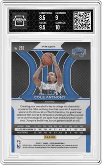 Cole Anthony from the 2020-21 Panini Prizm set featuring a Green Prizm parallel graded by Arena Club and given an overall grade of 9.