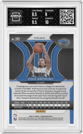 Cole Anthony from the 2020-21 Panini Prizm set featuring a Green Prizm parallel graded by Arena Club and given an overall grade of 9.