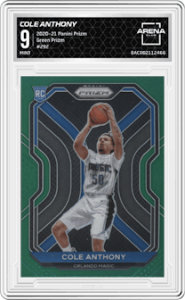 Cole Anthony from the 2020-21 Panini Prizm set featuring a Green Prizm parallel graded by Arena Club and given an overall grade of 9.