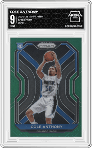 Cole Anthony from the 2020-21 Panini Prizm set featuring a Green Prizm parallel graded by Arena Club and given an overall grade of 9.