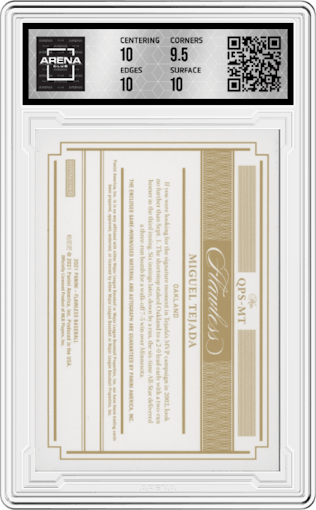 Miguel Tejada from the 2021 Panini Flawless set featuring a Sapphire parallel graded by Arena Club and given an overall grade of 10.