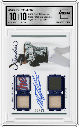 Miguel Tejada from the 2021 Panini Flawless set featuring a Sapphire parallel graded by Arena Club and given an overall grade of 10.