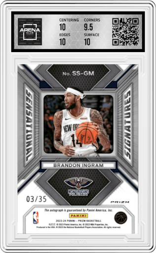 Brandon Ingram from the 2023-24 Panini Prizm set featuring a Choice Blue parallel graded by Arena Club and given an overall grade of 10.