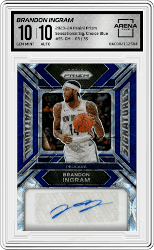 Brandon Ingram from the 2023-24 Panini Prizm set featuring a Choice Blue parallel graded by Arena Club and given an overall grade of 10.