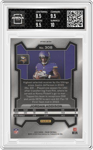 Jordan Addison from the 2023 Panini Prizm set featuring a Silver Prizm parallel graded by Arena Club and given an overall grade of 9.