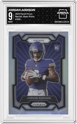 Jordan Addison from the 2023 Panini Prizm set featuring a Silver Prizm parallel graded by Arena Club and given an overall grade of 9.