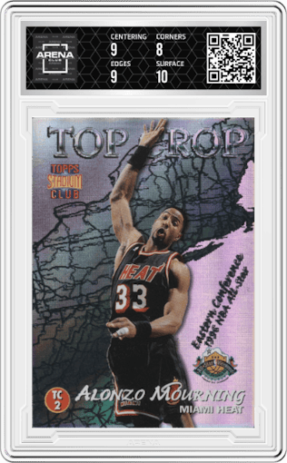 Dikembe Mutombo/Alonzo Mourning from the 1996-97 Topps Stadium Club set graded by Arena Club and given an overall grade of 8.5.