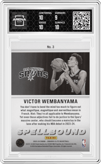 Victor Wembanyama from the 2023-24 Panini Donruss Elite set graded by Arena Club and given an overall grade of 9.5.