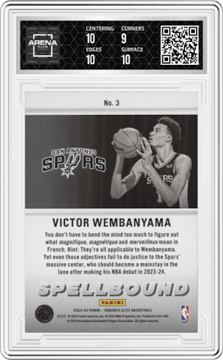 Victor Wembanyama from the 2023-24 Panini Donruss Elite set graded by Arena Club and given an overall grade of 9.5.