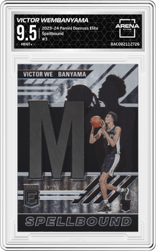 Victor Wembanyama from the 2023-24 Panini Donruss Elite set graded by Arena Club and given an overall grade of 9.5.