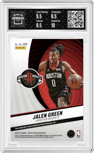 Jalen Green from the 2022-23 Panini Revolution  set graded by Arena Club and given an overall grade of 9.
