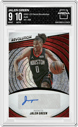 Jalen Green from the 2022-23 Panini Revolution  set graded by Arena Club and given an overall grade of 9.