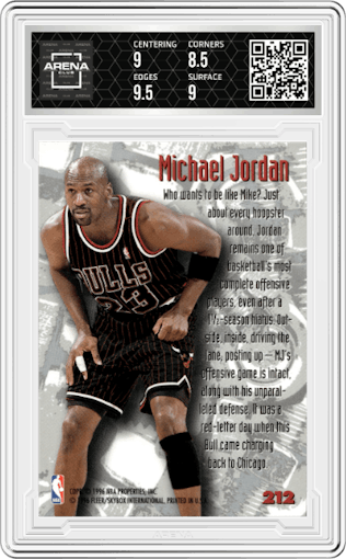 Michael Jordan from the 1995-96 Fleer Metal set graded by Arena Club and given an overall grade of 9.