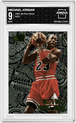 Michael Jordan from the 1995-96 Fleer Metal set graded by Arena Club and given an overall grade of 9.