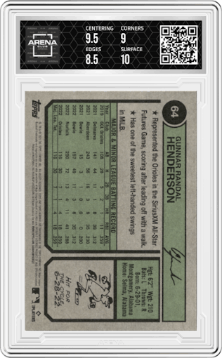 Gunnar Henderson from the 2023 Topps Heritage set graded by Arena Club and given an overall grade of 9.
