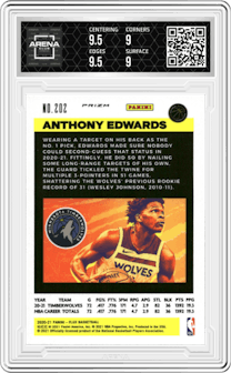 Anthony Edwards from the 2020-21 Panini Flux set featuring a Pulsar parallel graded by Arena Club and given an overall grade of 9.5.