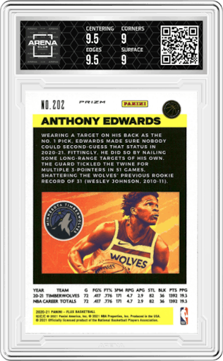 Anthony Edwards from the 2020-21 Panini Flux set featuring a Pulsar parallel graded by Arena Club and given an overall grade of 9.5.