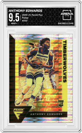 Anthony Edwards from the 2020-21 Panini Flux set featuring a Pulsar parallel graded by Arena Club and given an overall grade of 9.5.