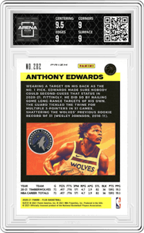 Anthony Edwards from the 2020-21 Panini Flux set featuring a Pulsar parallel graded by Arena Club and given an overall grade of 9.