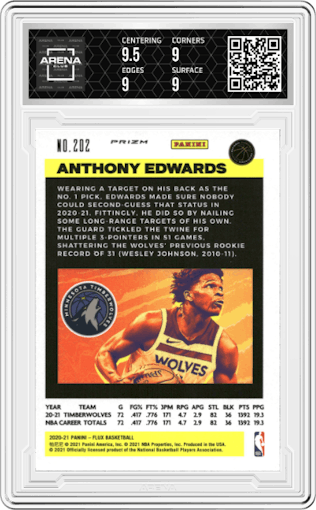 Anthony Edwards from the 2020-21 Panini Flux set featuring a Pulsar parallel graded by Arena Club and given an overall grade of 9.