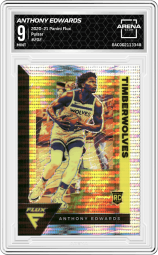 Anthony Edwards from the 2020-21 Panini Flux set featuring a Pulsar parallel graded by Arena Club and given an overall grade of 9.