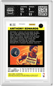Anthony Edwards from the 2020-21 Panini Flux set featuring a Pulsar parallel graded by Arena Club and given an overall grade of 9.5.