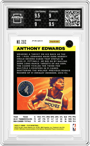 Anthony Edwards from the 2020-21 Panini Flux set featuring a Pulsar parallel graded by Arena Club and given an overall grade of 9.5.