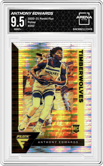 Anthony Edwards from the 2020-21 Panini Flux set featuring a Pulsar parallel graded by Arena Club and given an overall grade of 9.5.