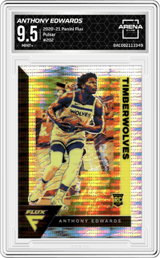 Anthony Edwards from the 2020-21 Panini Flux set featuring a Pulsar parallel graded by Arena Club and given an overall grade of 9.5.