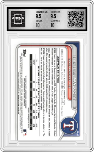 Sebastian Walcott from the 2024 Bowman set graded by Arena Club and given an overall grade of 10.