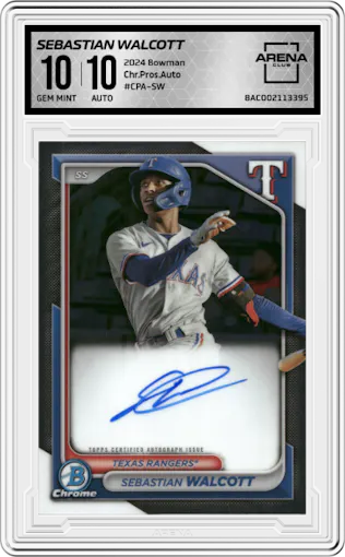 Sebastian Walcott from the 2024 Bowman set graded by Arena Club and given an overall grade of 10.