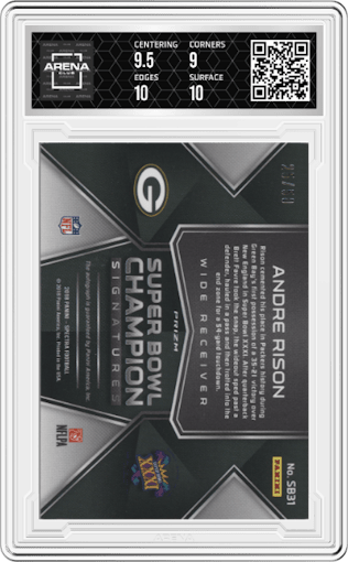 Andre Rison from the 2018 Panini Spectra set featuring a Neon Blue parallel graded by Arena Club and given an overall grade of 9.5.