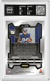 Jalin Hyatt from the 2023 Panini Prizm set featuring a  Blue Wave  parallel graded by Arena Club and given an overall grade of 9.5.