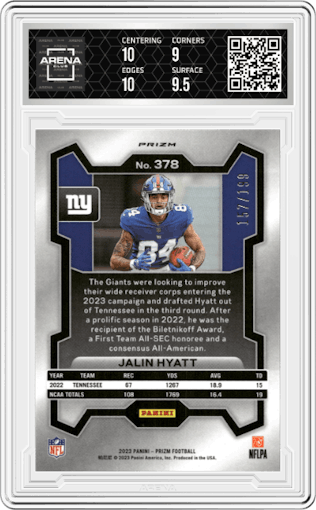 Jalin Hyatt from the 2023 Panini Prizm set featuring a  Blue Wave  parallel graded by Arena Club and given an overall grade of 9.5.