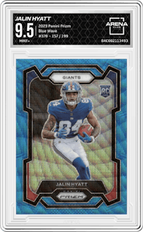 Jalin Hyatt from the 2023 Panini Prizm set featuring a  Blue Wave  parallel graded by Arena Club and given an overall grade of 9.5.