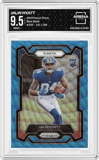 Jalin Hyatt from the 2023 Panini Prizm set featuring a  Blue Wave  parallel graded by Arena Club and given an overall grade of 9.5.