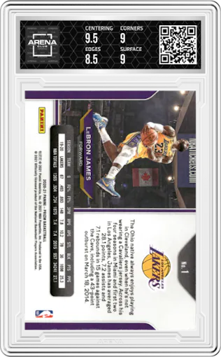 LeBron James from the 2020-21 Panini Prizm set graded by Arena Club and given an overall grade of 9.