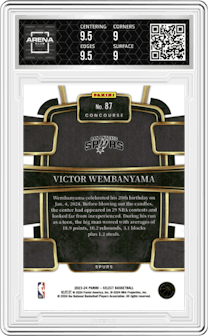 Victor Wembanyama from the 2023-24 Panini Select  set featuring a Blue Retail parallel graded by Arena Club and given an overall grade of 9.5.